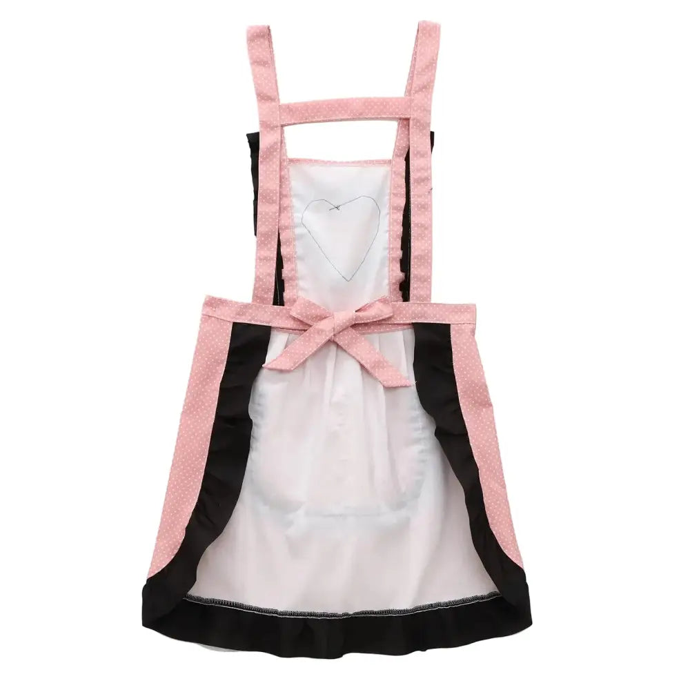 White apron with pink straps and black trim on a white background