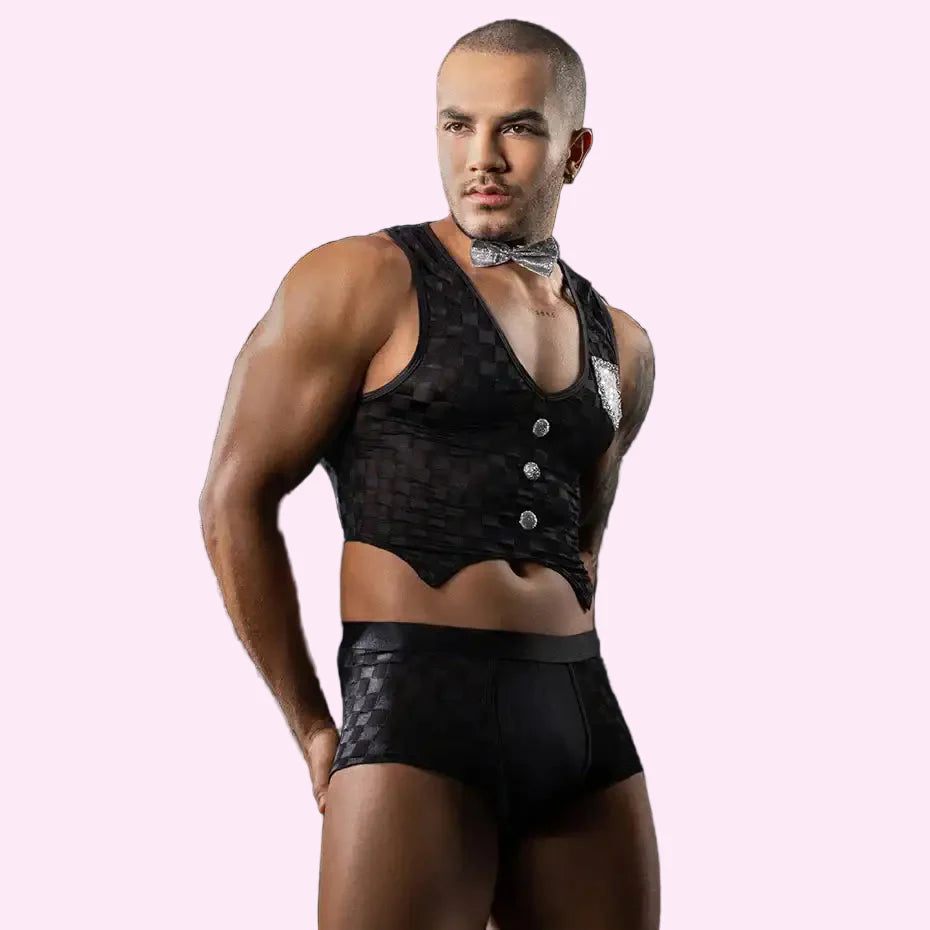 JSY Sexy Waiter Cosplay Lingerie Men Underwear Plaid Top and Pants Bow Erotic Lingerie Porno Costumes Sexy Maid Role
