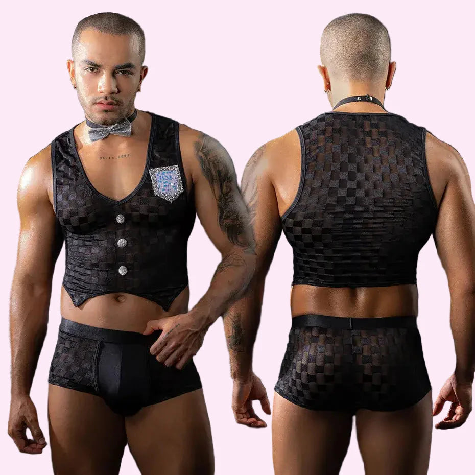 JSY Sexy Waiter Cosplay Lingerie Men Underwear Plaid Top and Pants Bow Erotic Lingerie Porno Costumes Sexy Maid Role