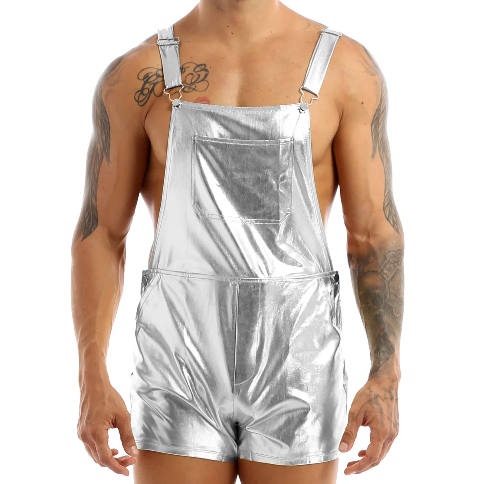 Sexy Men Bodysuit One-piece Wetlook Leather Short Jumpsuit Romper Halloween Carnival Club Modern Playsuit Dancewear