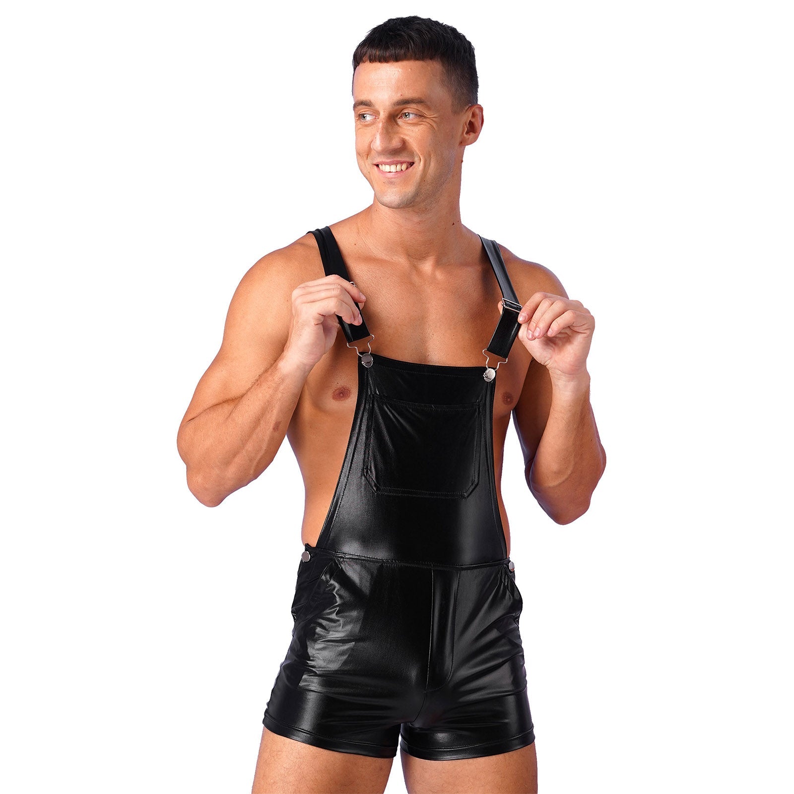 Sexy Men Bodysuit One-piece Wetlook Leather Short Jumpsuit Romper Halloween Carnival Club Modern Playsuit Dancewear