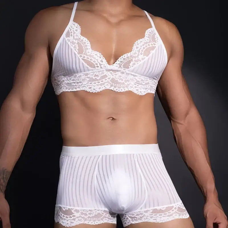 Men Lace Bra Boxer Shorts Set See Through Stretch Striped Underwear Sex Clothes Harness Muscle Body Chest Boxers Fetish