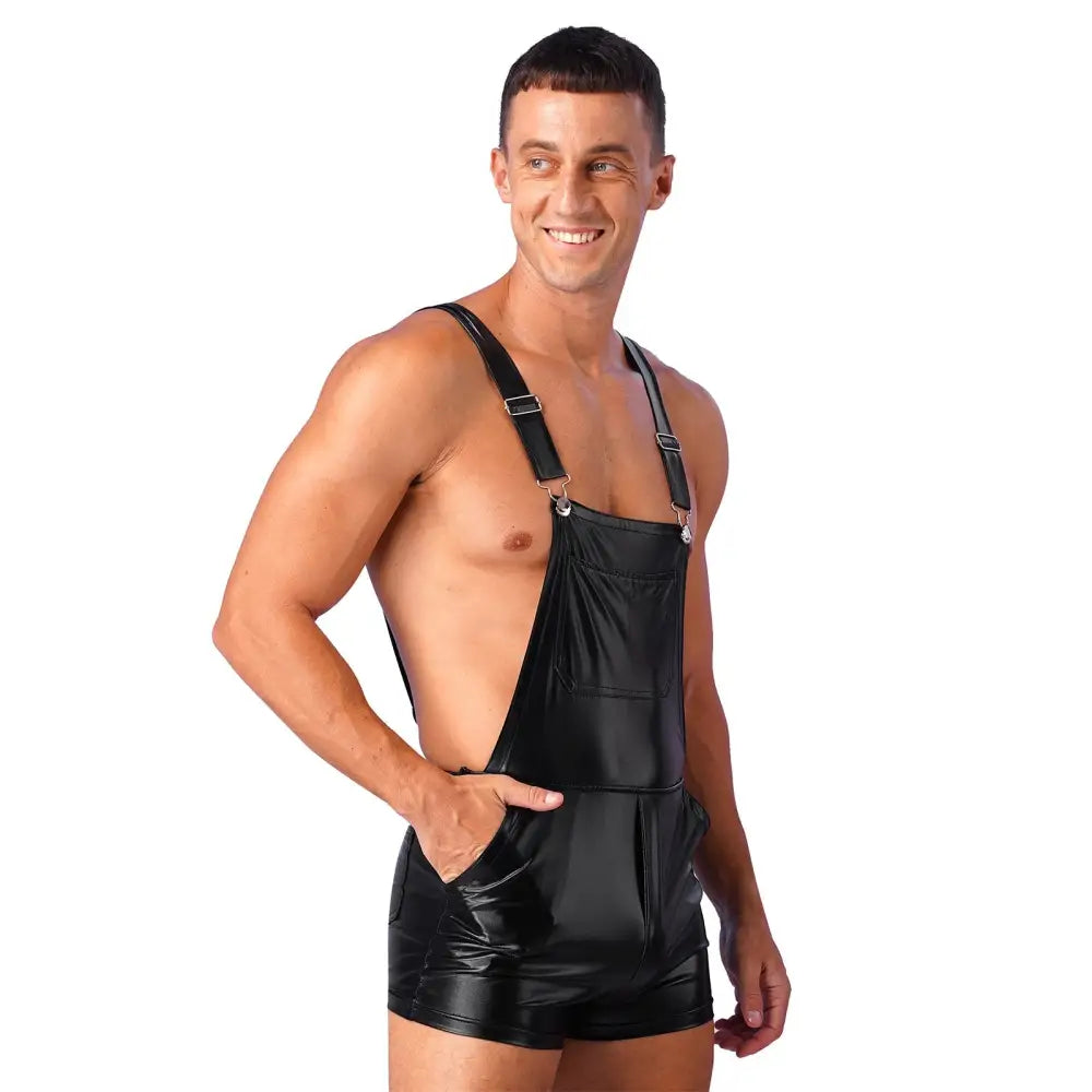 Sexy Men Bodysuit One-piece Wetlook Leather Short Jumpsuit Romper Halloween Carnival Club Modern Playsuit Dancewear