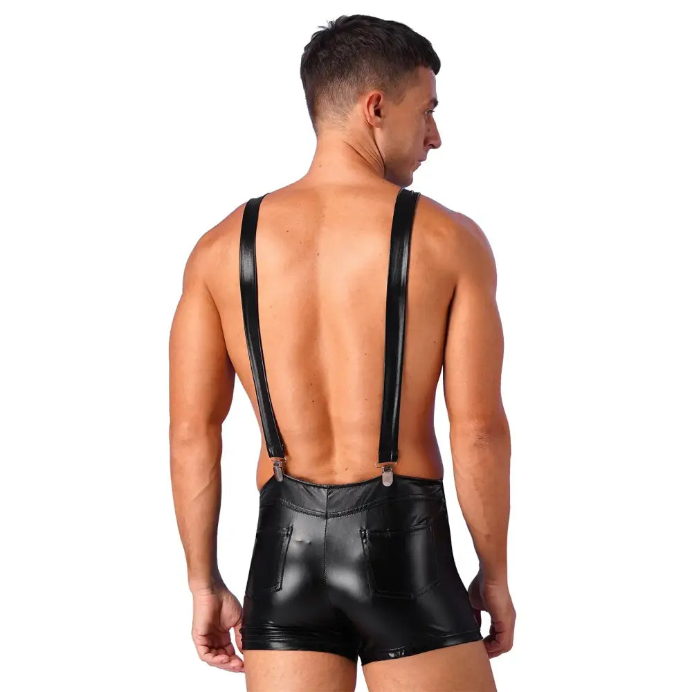 Sexy Men Bodysuit One-piece Wetlook Leather Short Jumpsuit Romper Halloween Carnival Club Modern Playsuit Dancewear