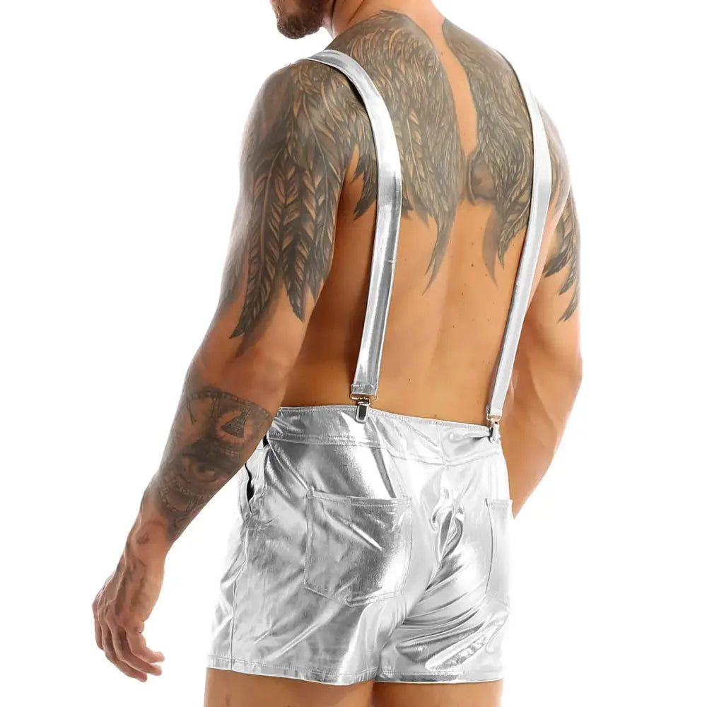Sexy Men Bodysuit One-piece Wetlook Leather Short Jumpsuit Romper Halloween Carnival Club Modern Playsuit Dancewear