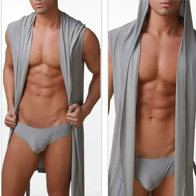 Men’s Pajamas Sleeveless Oversized Silky Male Pajamas Hooded Bathrobe Ultra-thin Homewear Bath Robe Brand New