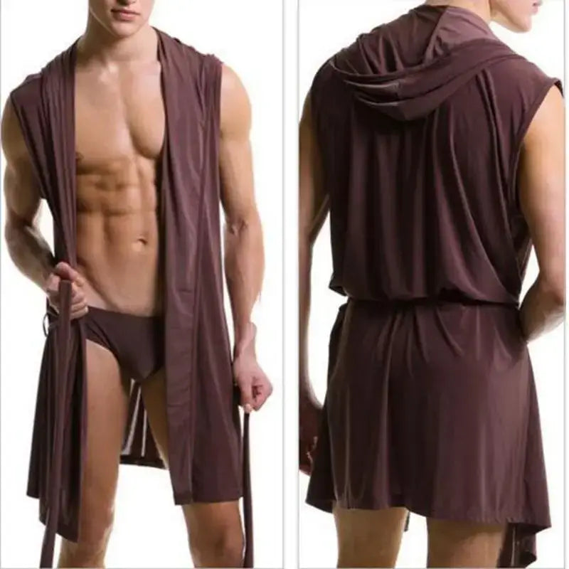 Men’s Pajamas Sleeveless Oversized Silky Male Pajamas Hooded Bathrobe Ultra-thin Homewear Bath Robe Brand New - Coffee