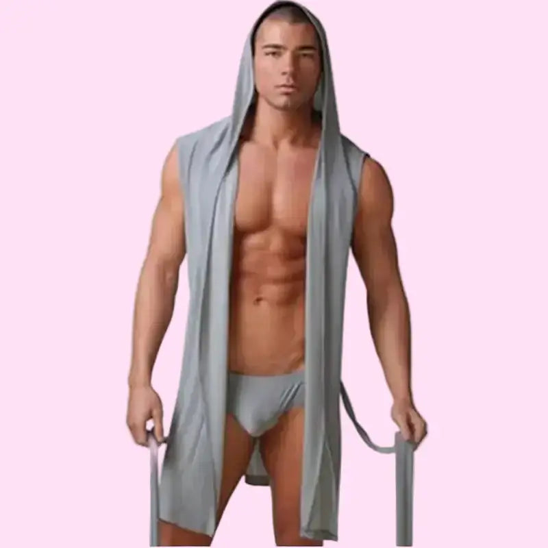 Men’s Pajamas Sleeveless Oversized Silky Male Pajamas Hooded Bathrobe Ultra-thin Homewear Bath Robe Brand New