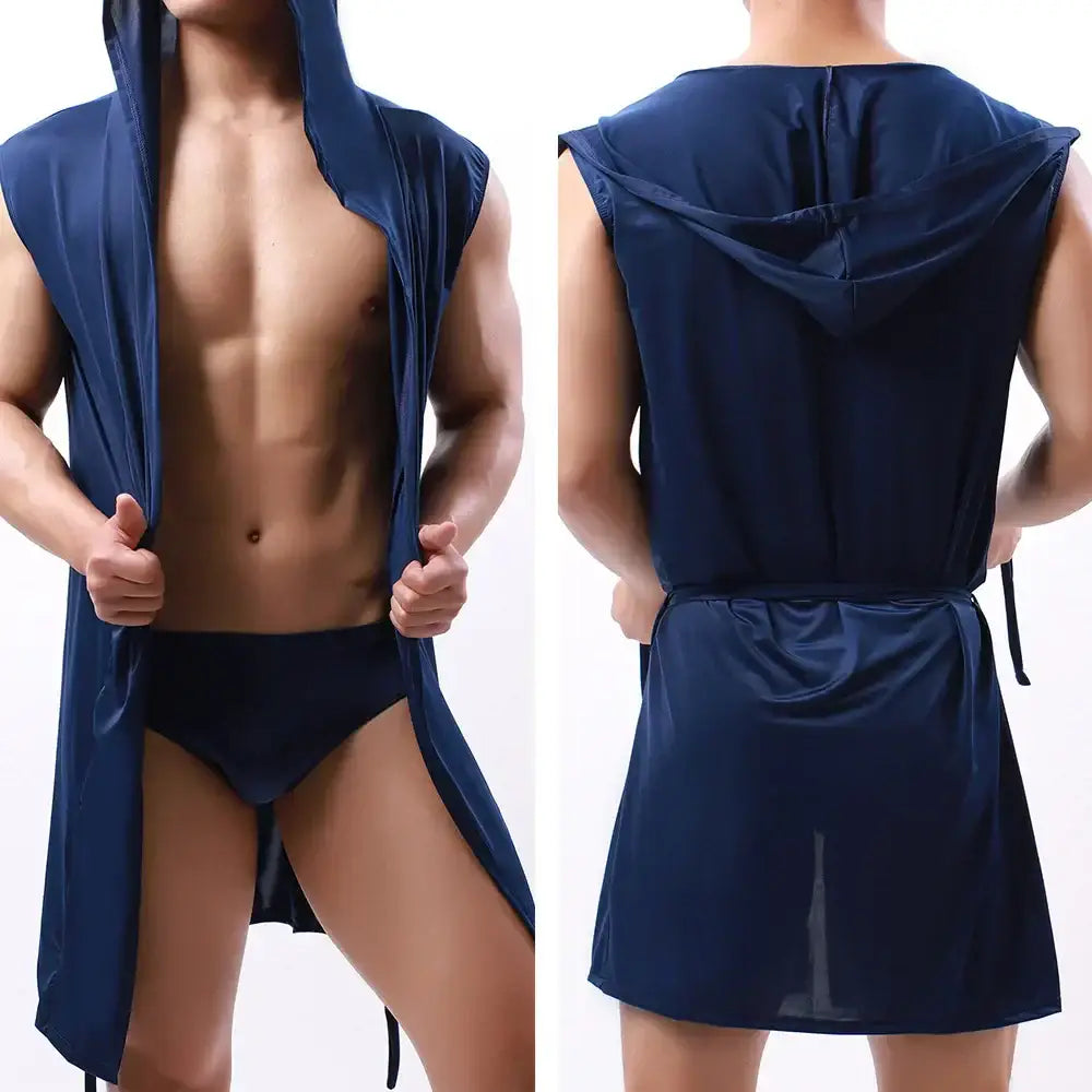 Men’s Pajamas Sleeveless Oversized Silky Male Pajamas Hooded Bathrobe Ultra-thin Homewear Bath Robe Brand New - Royal