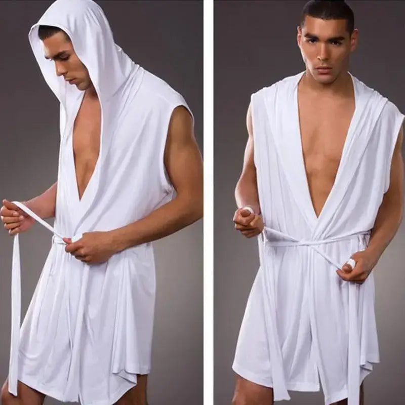 Men’s Pajamas Sleeveless Oversized Silky Male Pajamas Hooded Bathrobe Ultra-thin Homewear Bath Robe Brand New - WHITE