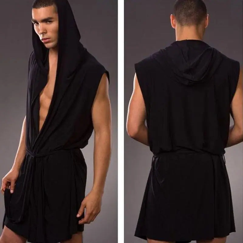 Men’s Pajamas Sleeveless Oversized Silky Male Pajamas Hooded Bathrobe Ultra-thin Homewear Bath Robe Brand New - black