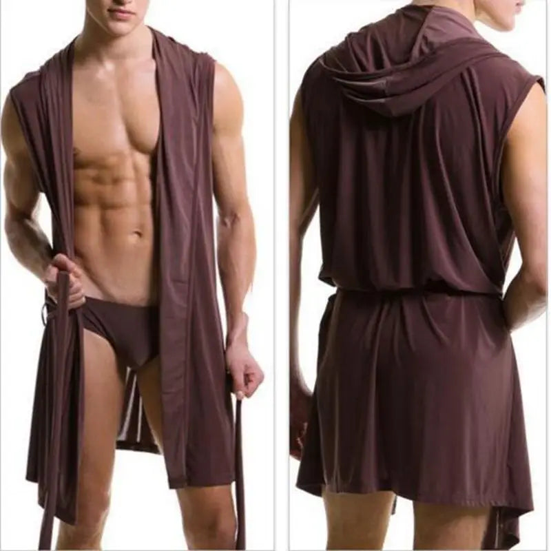 Men’s Pajamas Sleeveless Oversized Silky Male Pajamas Hooded Bathrobe Ultra-thin Homewear Bath Robe Brand New - Coffee