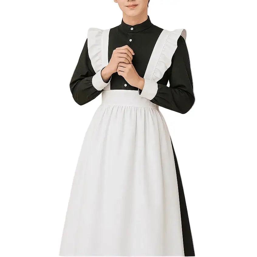 Person wearing a black and white maid outfit on a pink background