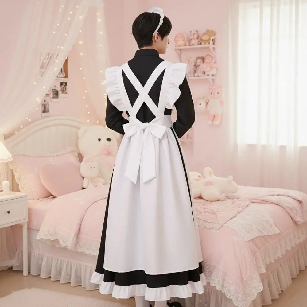 Man wearing a black and white maid outfit in a pink-themed room with stuffed animals and fairy lights.