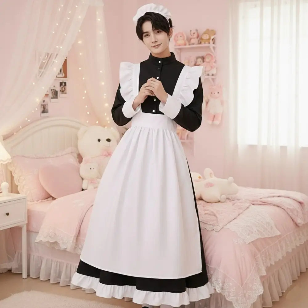 Man wearing a maid outfit in a pink-themed room with stuffed toys and lights.