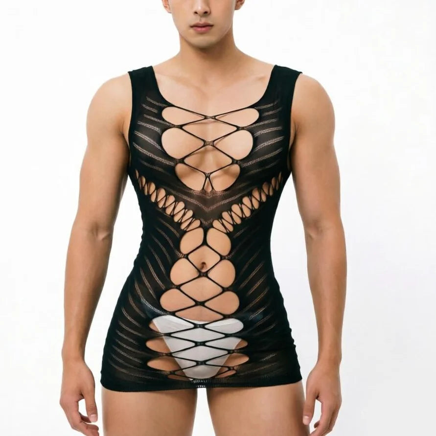 Sissy Night Dress for Fetish Male Underwear Sexy Bodysuits Men’s Lingerie Hollow Out Fishnet Sleepwear Ropa Interior