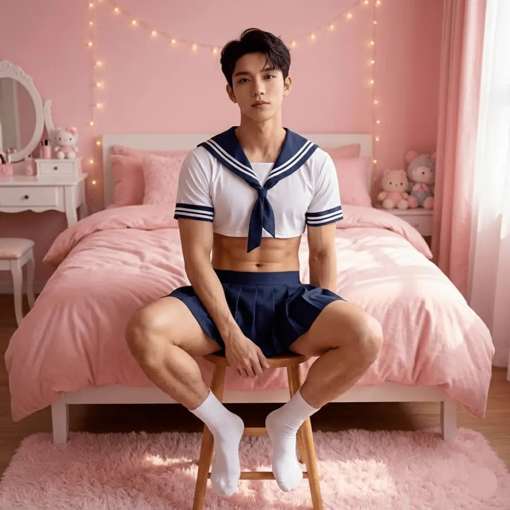 Man wearing a sailor outfit sitting on a chair in a bedroom with pink decor.