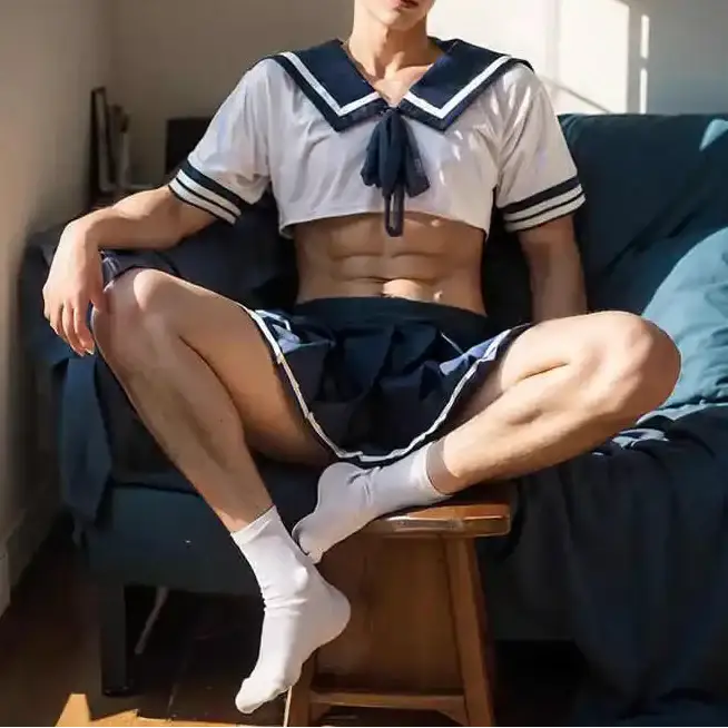 Man wearing a navy and white sailor outfit sitting on a couch.