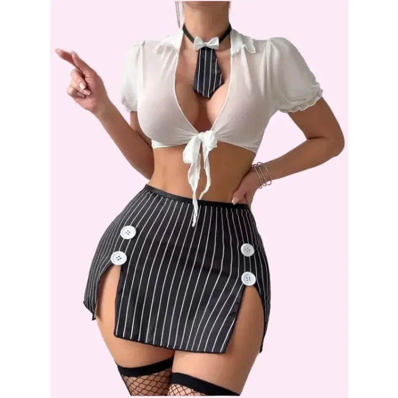 Slim Fit Preppy Sexy Secretary Outfit - S / White - Outfit Sets
