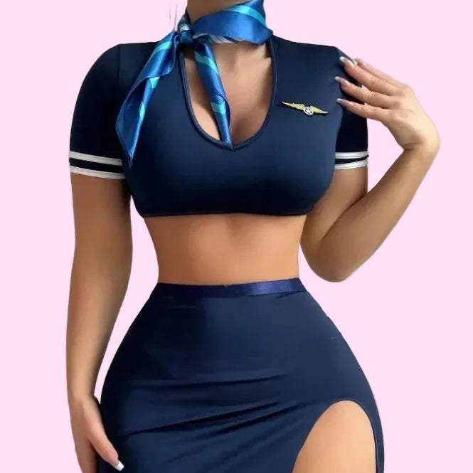 Sexy Stewardess Costume 2-Piece Set Crop Top + Slit Skirt Air Hostess Lingerie Outfit