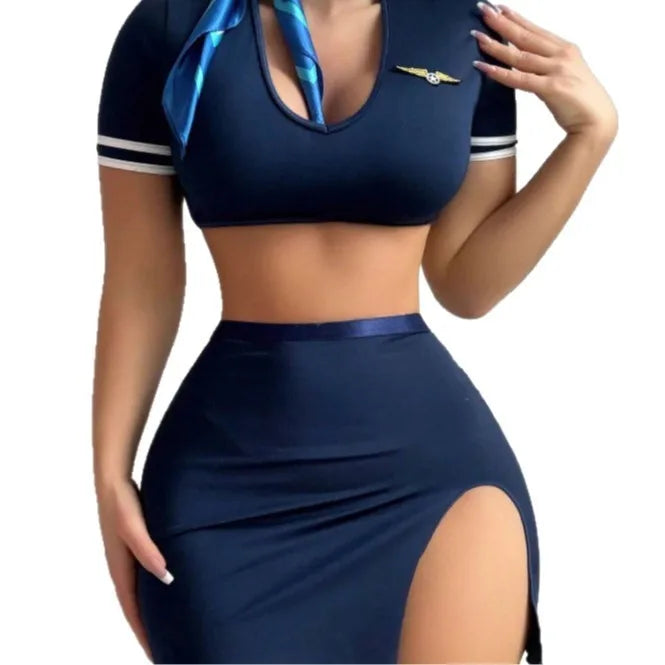 Sexy Stewardess Costume 2-Piece Set Crop Top + Slit Skirt Air Hostess Lingerie Outfit
