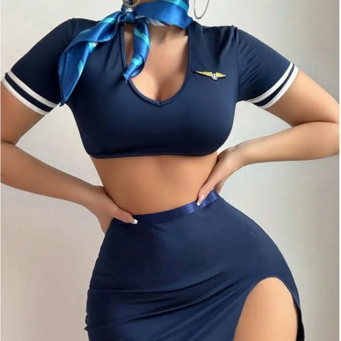 Sexy Stewardess Costume 2-Piece Set Crop Top + Slit Skirt Air Hostess Lingerie Outfit
