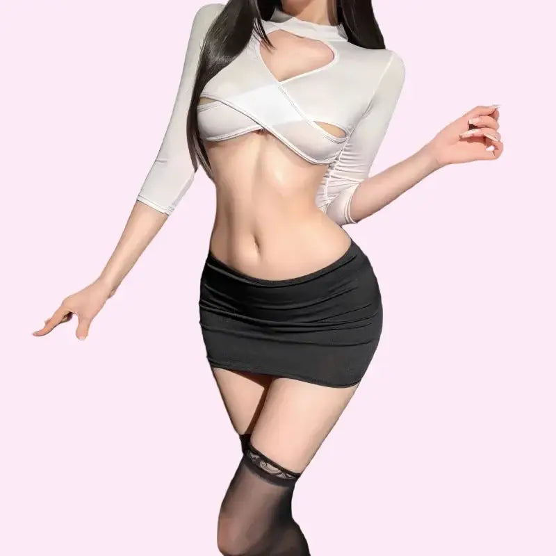 Stretch Bodycon Sexy Secretary Outfit - One Size / White - Outfit Sets