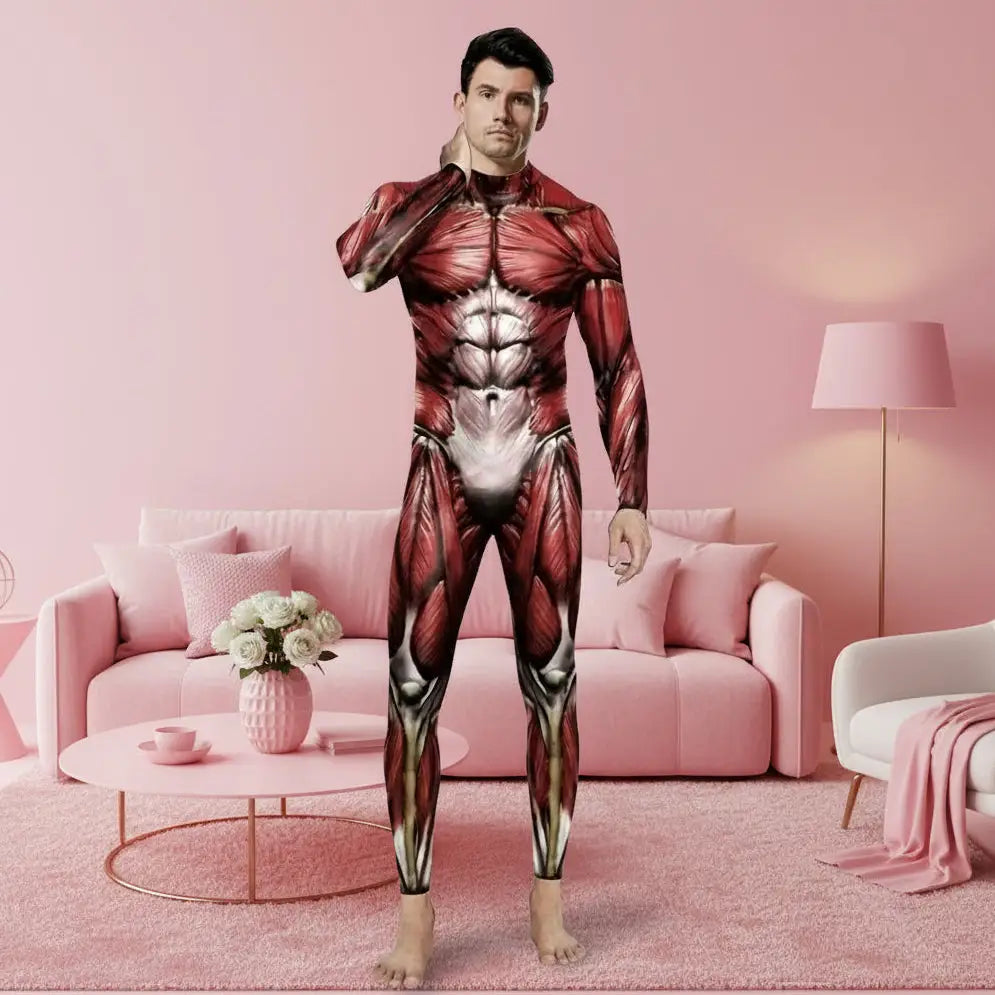 Man wearing a red and white muscular design bodysuit on a white background