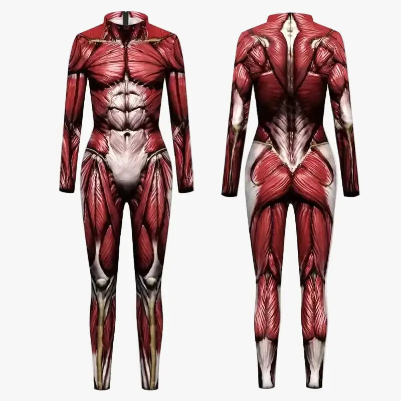 Red and gold bodysuit with detailed muscle design on a white background