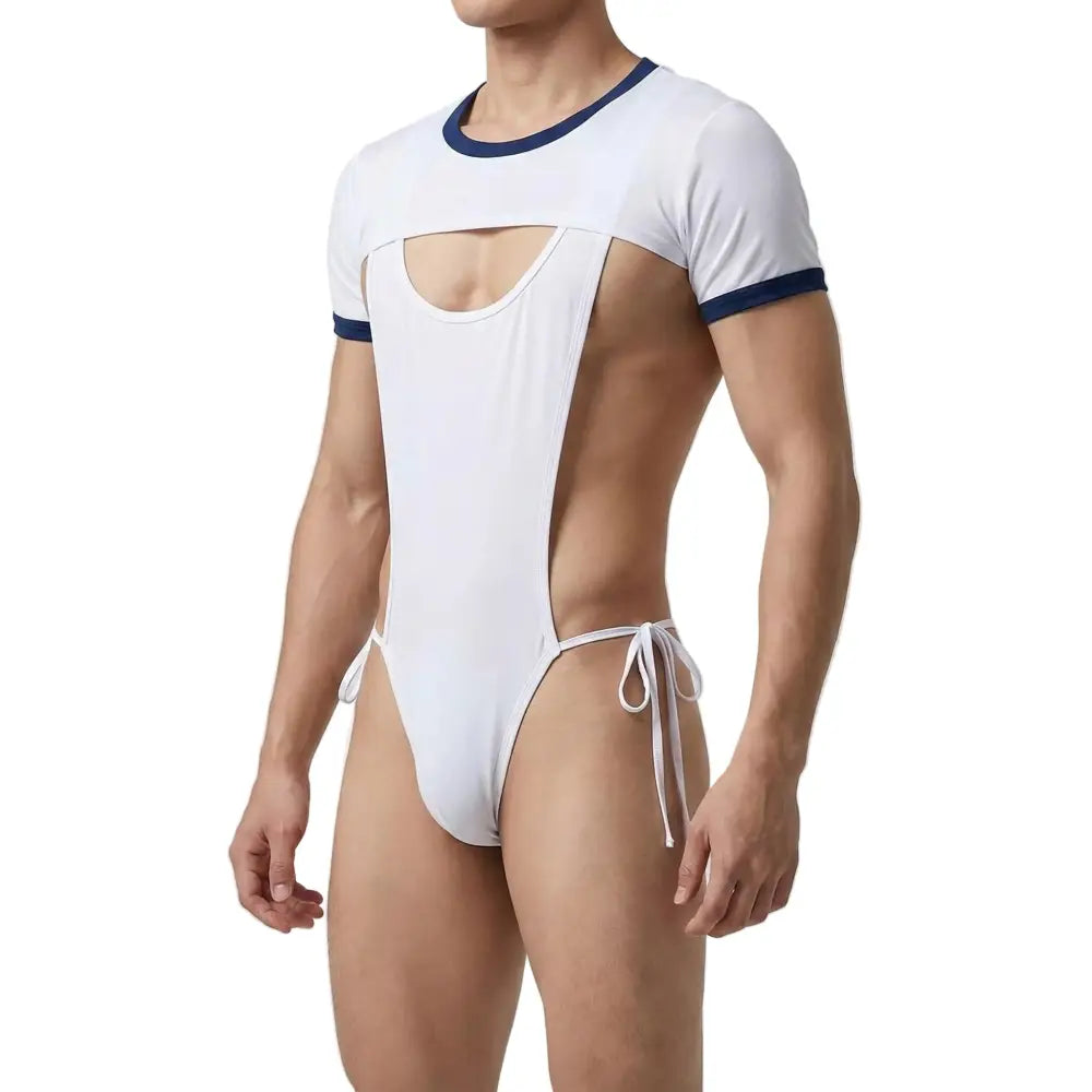 White swimsuit with cut-out design on a gray background