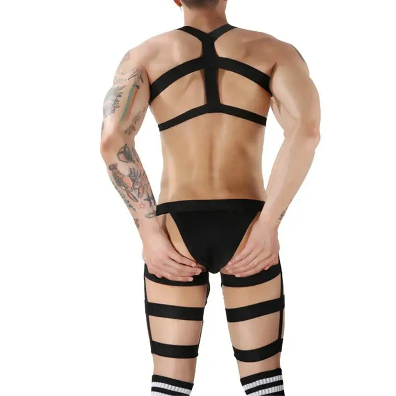 CLEVER-MENMOD Men Sexy Porn Halterneck Chest Briefs Stockings Set Jockstrap BDSM Harness Lingerie Exotic Sissy 18+