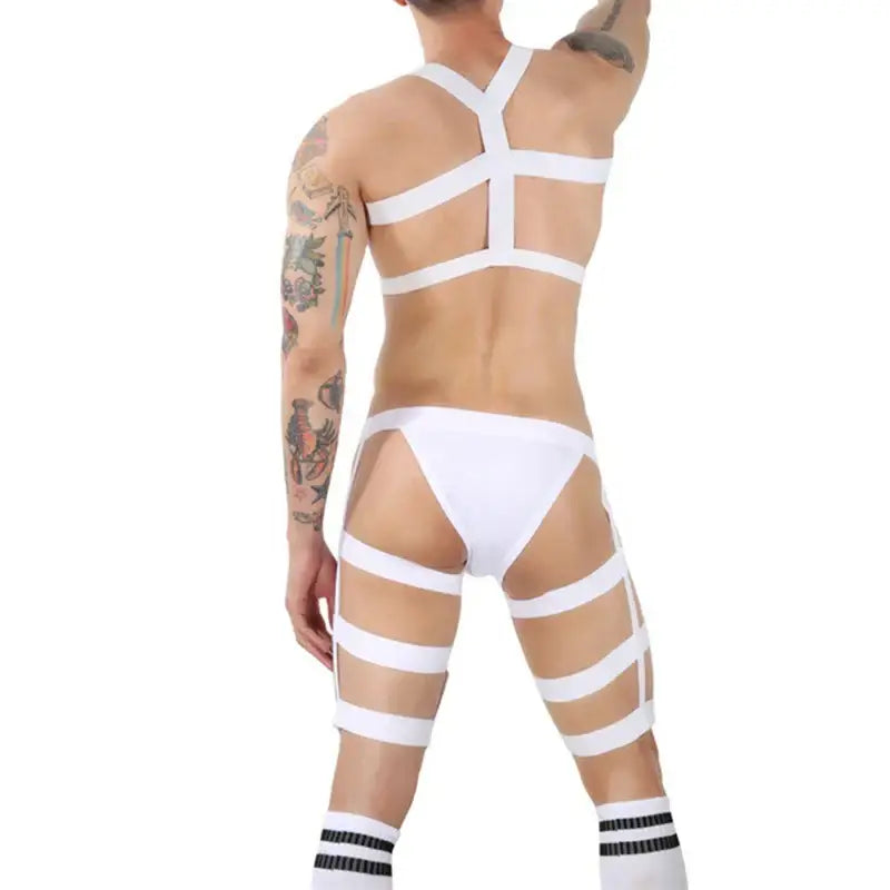 CLEVER-MENMOD Men Sexy Porn Halterneck Chest Briefs Stockings Set Jockstrap BDSM Harness Lingerie Exotic Sissy 18+