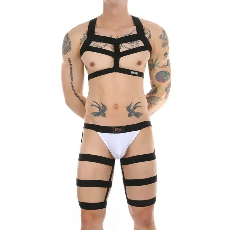 CLEVER-MENMOD Men Sexy Porn Halterneck Chest Briefs Stockings Set Jockstrap BDSM Harness Lingerie Exotic Sissy 18+