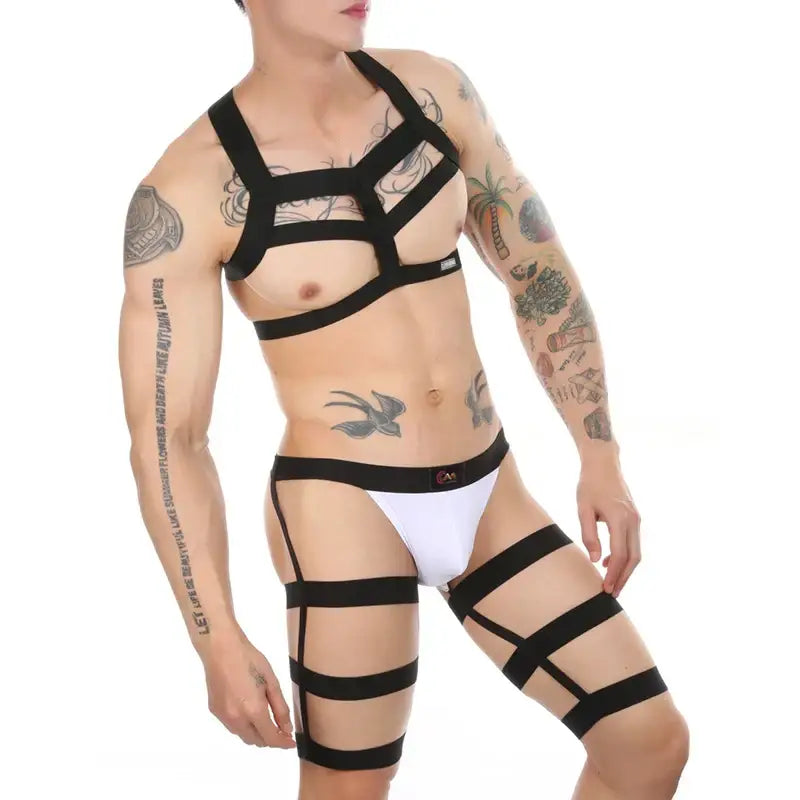CLEVER-MENMOD Men Sexy Porn Halterneck Chest Briefs Stockings Set Jockstrap BDSM Harness Lingerie Exotic Sissy 18+