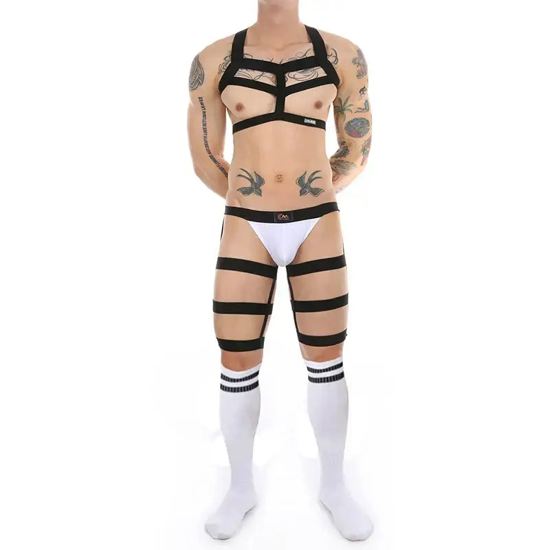 CLEVER-MENMOD Men Sexy Porn Halterneck Chest Briefs Stockings Set Jockstrap BDSM Harness Lingerie Exotic Sissy 18+