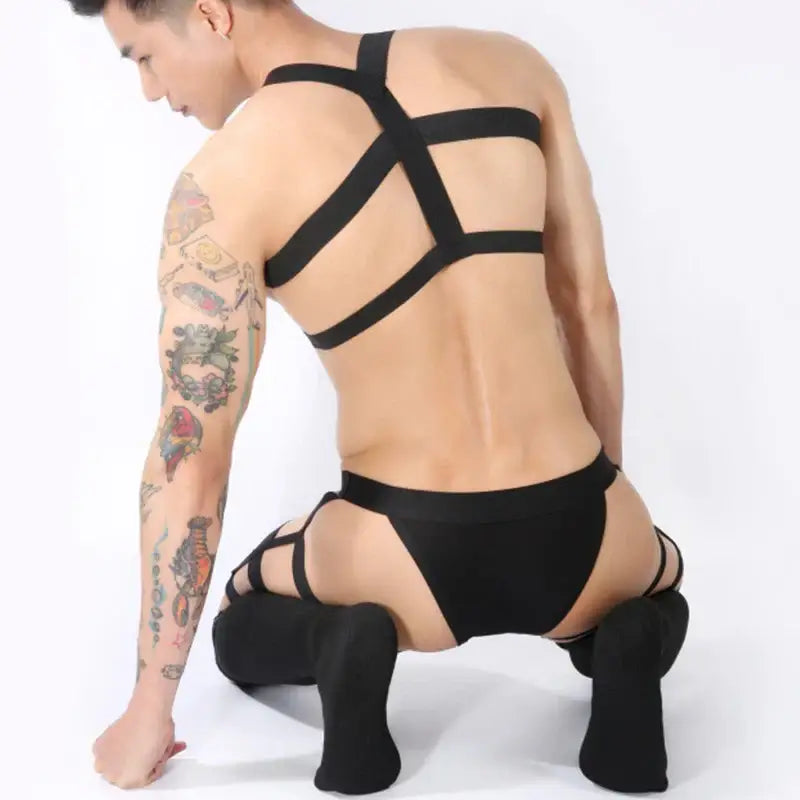 CLEVER-MENMOD Men Sexy Porn Halterneck Chest Briefs Stockings Set Jockstrap BDSM Harness Lingerie Exotic Sissy 18+