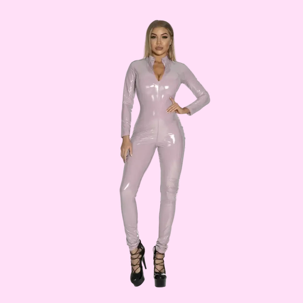 Women Sexy Shiny PU Faux Leather Jumpsuit Long Sleeve Zipper Open Crotch Catsuit Nightclub PVC Latex Wet Look Bodysuit