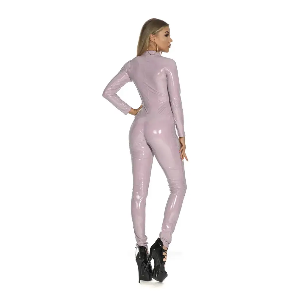 Women Sexy Shiny PU Faux Leather Jumpsuit Long Sleeve Zipper Open Crotch Catsuit Nightclub PVC Latex Wet Look Bodysuit