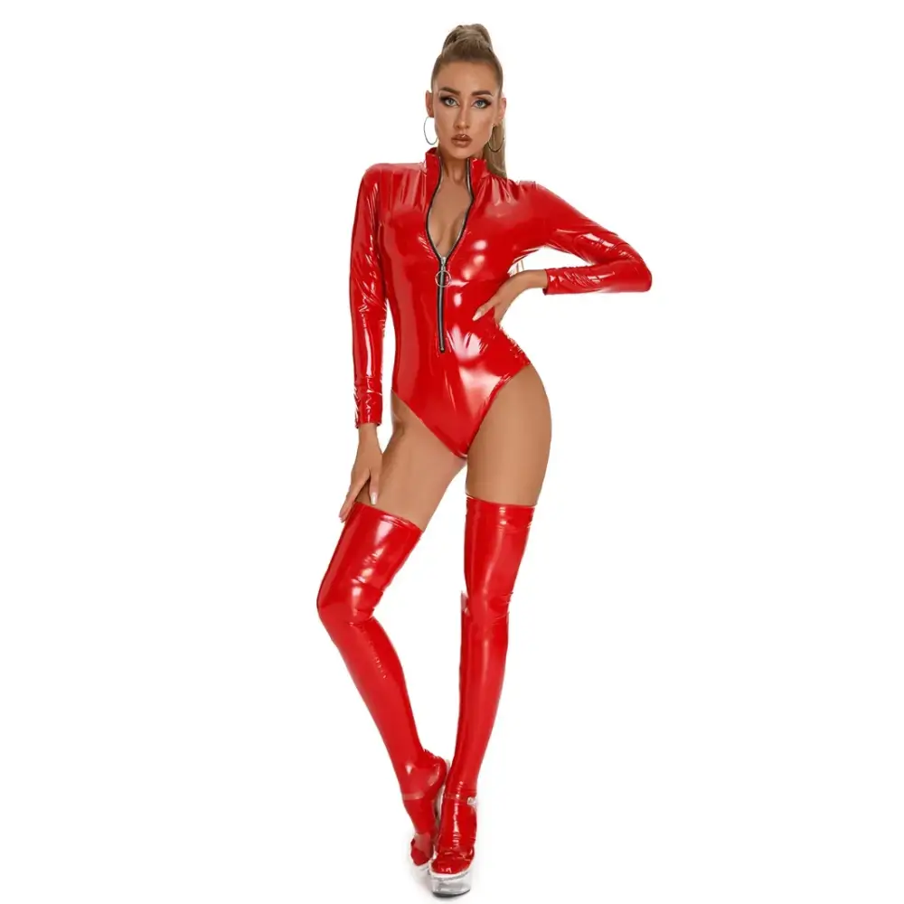 Womens Wetlook Long Sleeves Bodysuit Thong PVC PU Leather Ladies Leotard Jumpsuit Latex Rompers Playsuit Fetish Night