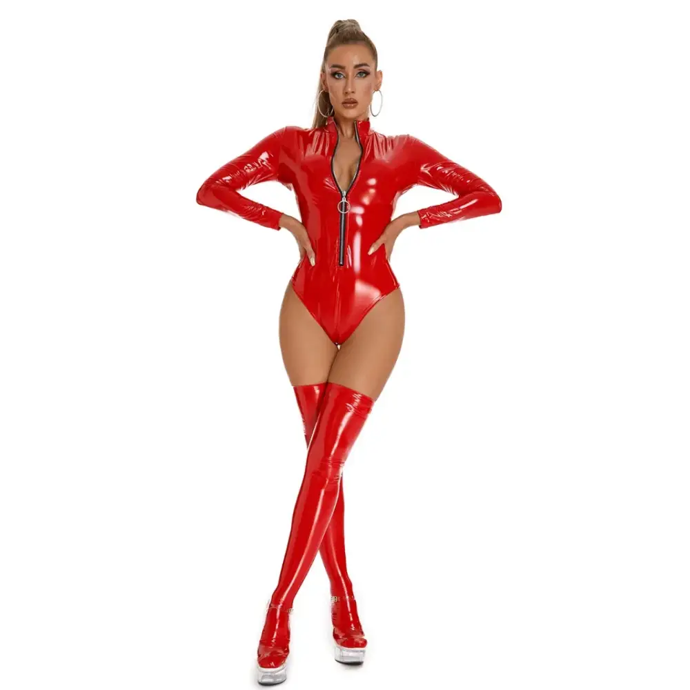 Womens Wetlook Long Sleeves Bodysuit Thong PVC PU Leather Ladies Leotard Jumpsuit Latex Rompers Playsuit Fetish Night