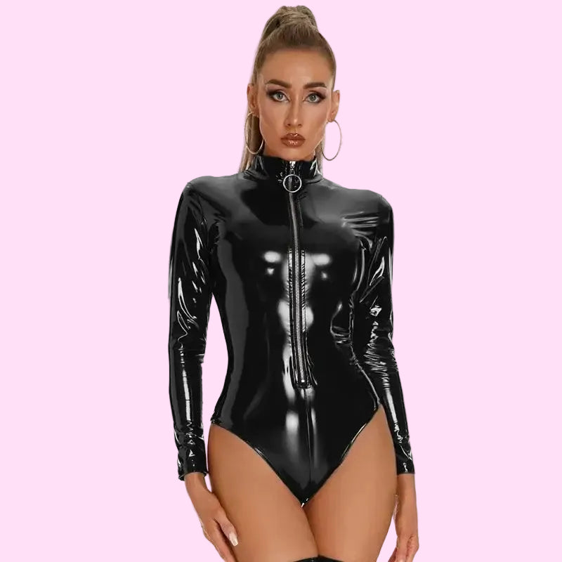 Womens Wetlook Long Sleeves Bodysuit Thong PVC PU Leather Ladies Leotard Jumpsuit Latex Rompers Playsuit Fetish Night